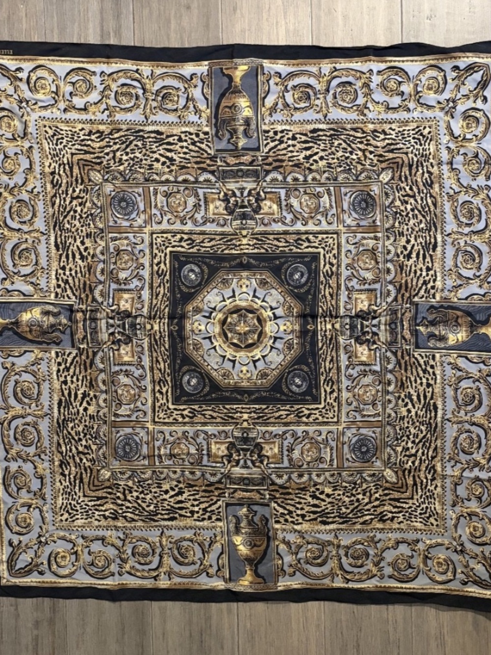 Ellen Tracy Silk Scarf Black Gold Pale Blue Ornate Urns Animal Print Square